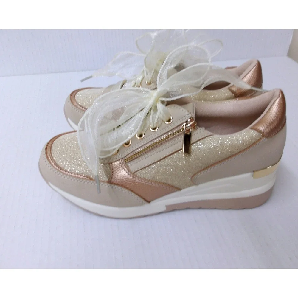 Beige Rose Gold Glitter Wedge Sneakers Ribbon‎ Laces Platform Shoes /#26709